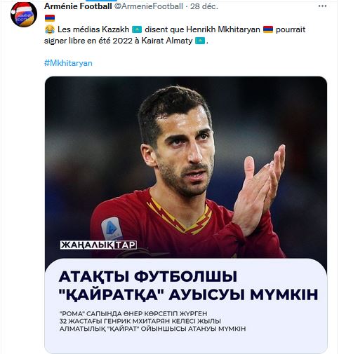 Les médias Kazakh disent que Henrikh Mkhitaryan pourrait signer libre en été 2022 à Kairat Almaty
