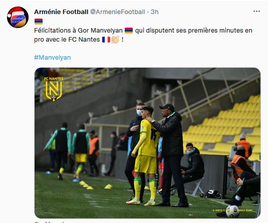 Félicitations à Gor Manvelyan qui dispute ses premières minutes en pro avec le FC Nantes