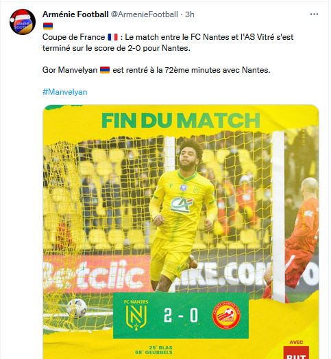 Gor Manvelyan est rentré à la 72ème minute avec Nantes