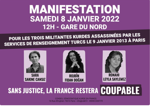 Appel à manifester pour les trois militantes kurdes assassinées à Paris