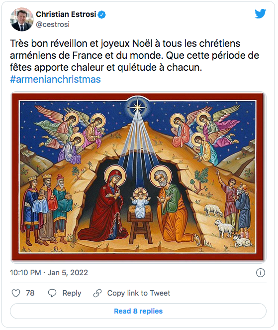 C.Estrosi : très bon réveillon de Noël aux chrétiens arméniens