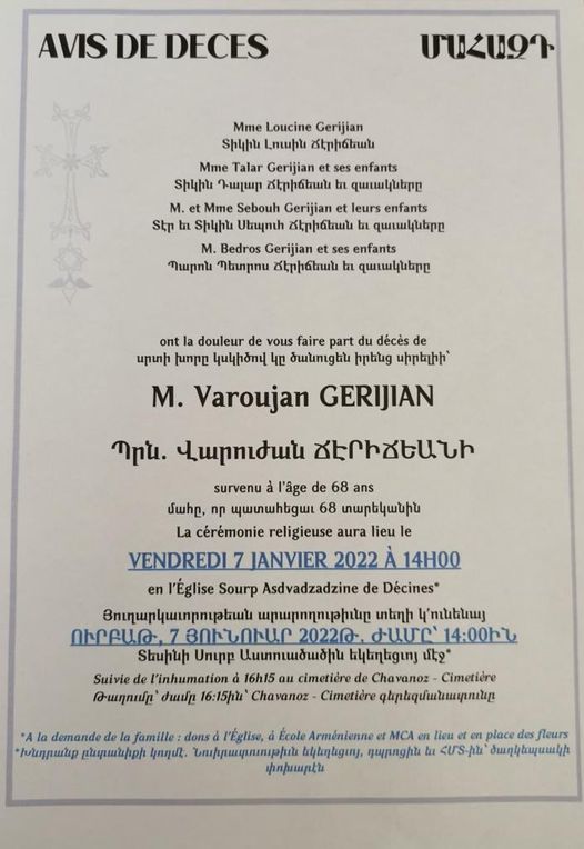 Décès de Varoujan Gerijian