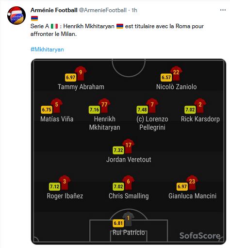 Serie A  : Henrikh Mkhitaryan est titulaire avec la Roma pour affronter le Milan.