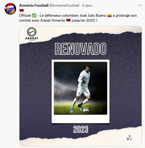 Le défenseur colombien José Julio Bueno a prolongé son contrat avec Ararat Armenia