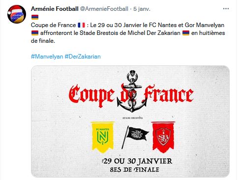 Le 29 ou 30 Janvier le FC Nantes et Gor Manvelyan affronteront le Stade Brestois de Michel Der Zakarian
