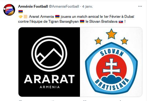 Ararat Armenia jouera un match amical le 1er Février à Dubaï