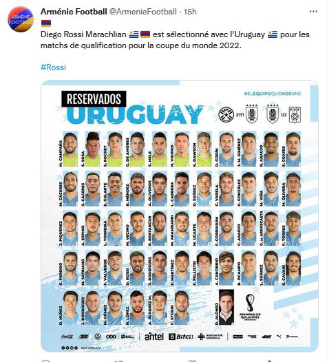 Diego Rossi Marachlian  est sélectionné avec l&rsquo;Uruguay