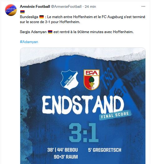 Sargis Adamyan est rentré à la 90ème minutes avec Hoffenheim