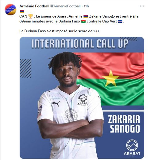 Le joueur de Ararat Armenia Zakaria Sanogo est rentré à la 69ème minute avec le Burkina Faso