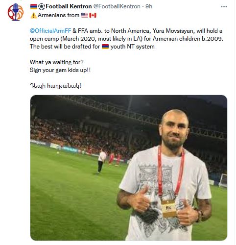 Yura Movsisyan organisera un camp ouvert pour les enfants arméniens