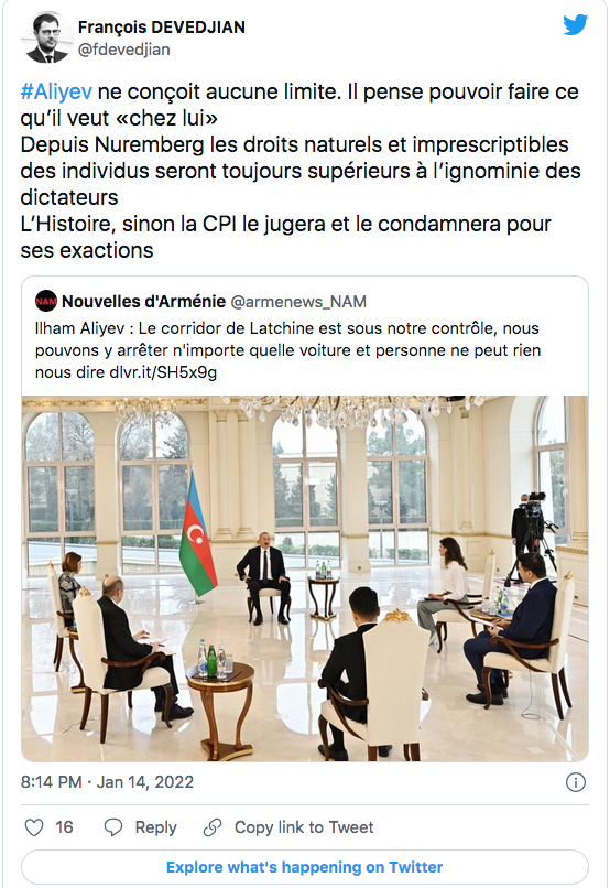 F Devedjian : l&rsquo;Histoire sinon la CPI condamnera Aliev