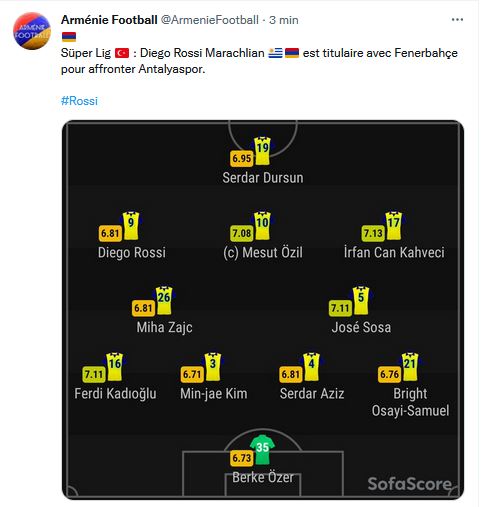 Diego Rossi Marachlian est titulaire avec Fenerbahçe pour affronter Antalyaspor.