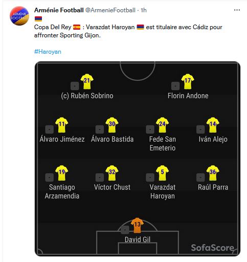 Varazdat Haroyan est titulaire avec Cádiz pour affronter Sporting Gijon.