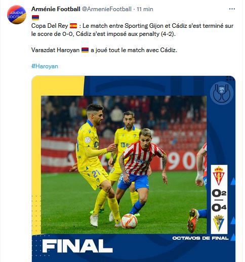 Varazdat Haroyan a joué tout le match avec Cádiz.