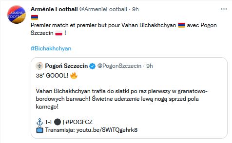 Premier match et premier but pour Vahan Bichakhchyan avec Pogon Szczecin