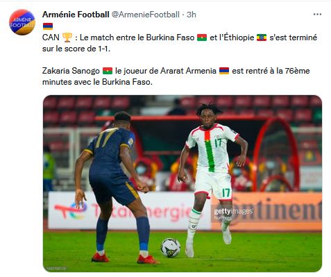 Zakaria Sanogo le joueur de Ararat Armenia est rentré à la 76ème minute avec le Burkina Faso.