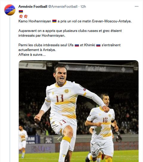 Kamo Hovhannisyan a pris un vol ce matin Erevan-Moscou-Antalya