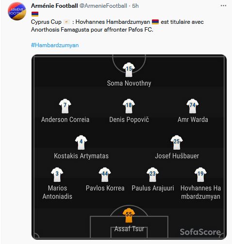 Hovhannes Hambardzumyan est titulaire avec Anorthosis Famagusta pour affronter Pafos FC.