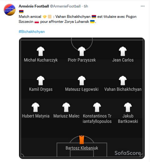 Match amical : Vahan Bichakhchyan est titulaire avec Pogon Szczecin pour affronter Zorya Luhansk
