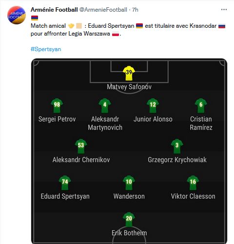 Eduard Spertsyan est titulaire avec Krasnodar pour affronter Legia Warszawa
