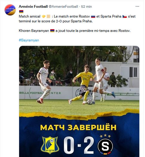 Khoren Bayramyan a joué toute la première mi-temps avec Rostov