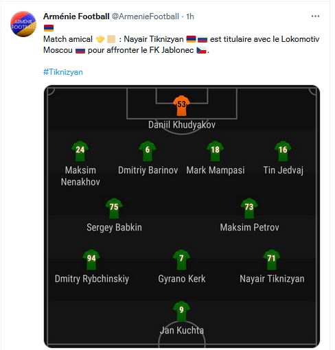 Nayair Tiknizyan est titulaire avec le Lokomotiv Moscou pour affronter le FK Jablonec