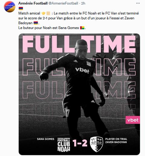 Le match entre le FC Noah et le FC Van s&rsquo;est terminé sur le score de 1-2