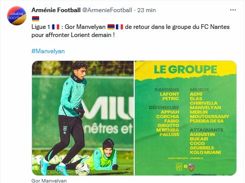 Ligue 1  : Gor Manvelyan de retour dans le groupe du FC Nantes pour affronter Lorient demain !
