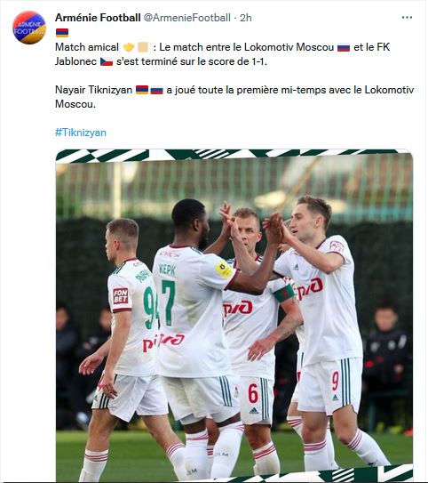 Nayair Tiknizyan a joué toute la première mi-temps avec le Lokomotiv Moscou
