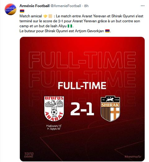 Le match entre Ararat Yerevan et Shirak Gyumri s&rsquo;est terminé sur le score de 2-1