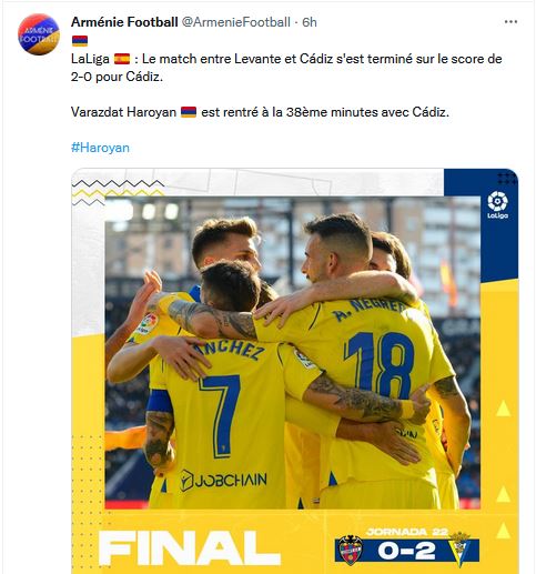 Varazdat Haroyan est rentré à la 38ème minute avec Cádiz