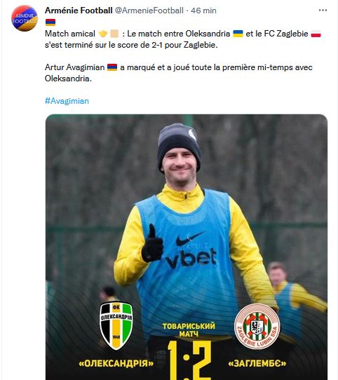 Artur Avagimian a marqué et a joué toute la première mi-temps avec Oleksandria