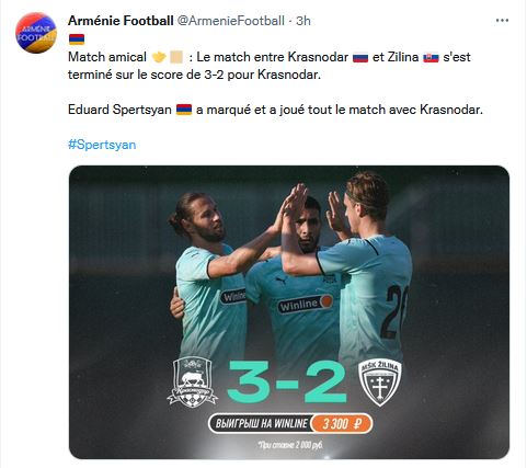 Eduard Spertsyan a marqué et a joué tout le match avec Krasnodar
