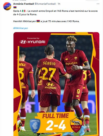 Henrikh Mkhitaryan a joué 75 minutes avec l&rsquo;AS Roma