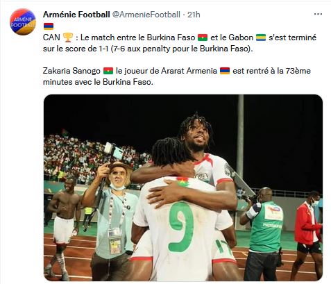 Zakaria Sanogo le joueur de Ararat Armenia  est rentré à la 73ème minute avec le Burkina Faso