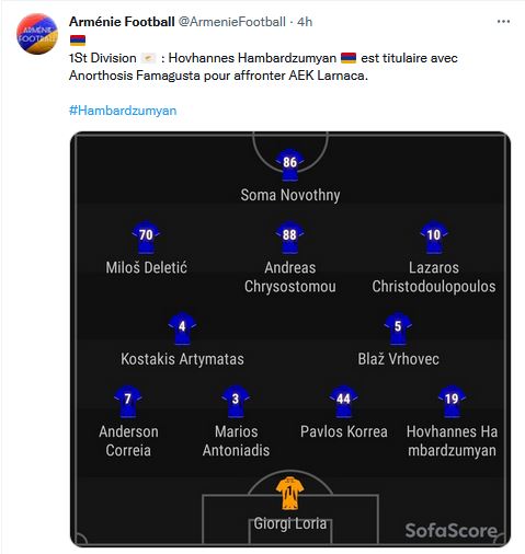 Hovhannes Hambardzumyan est titulaire avec Anorthosis Famagusta pour affronter AEK Larnaca.