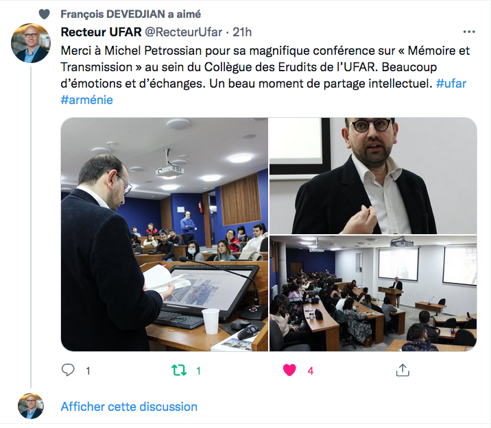 Recteur UFAR : conférence sur Mémoire et Transmission par Michel Pétrossian