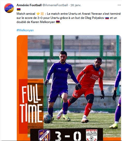 Le match entre Urartu et Ararat Yerevan s&rsquo;est terminé sur le score de 3-0 pour Urartu