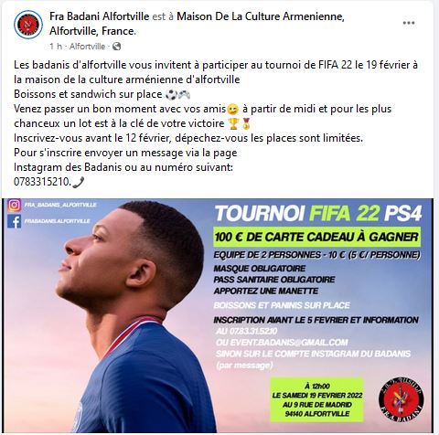 Les badanis d&rsquo;alfortville vous invitent à participer au tournoi de FIFA 22 le 19 février à la maison de la culture arménienne d&rsquo;alfortville