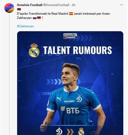 D&rsquo;après Transfermakt le Real Madrid serait intéressé par Arsen Zakharyan