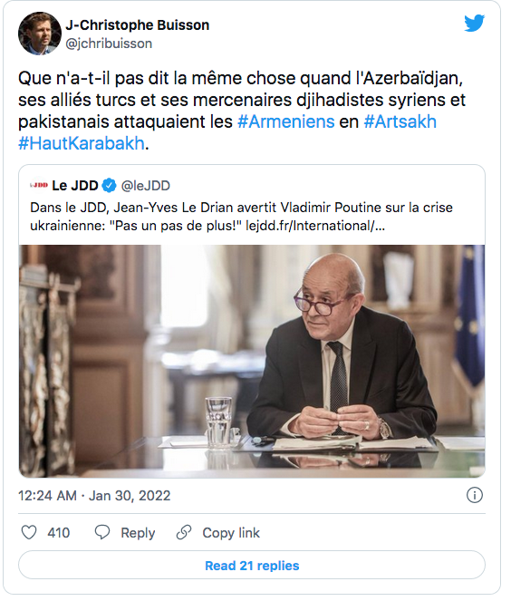 JC Buisson : que Le Drian n&rsquo;en a-t-il pas dit autant pour les Azerbaïdjanais ?