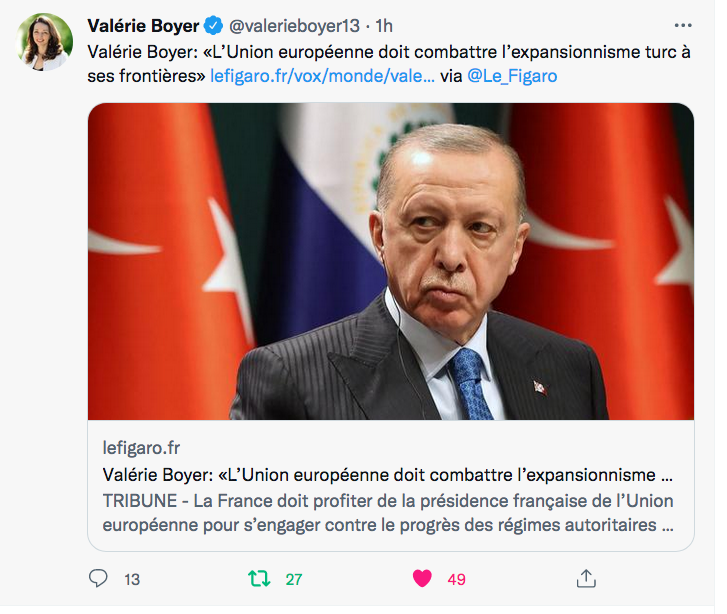 V Boyer : dans le Figaro : l&rsquo;UE doit combattre l&rsquo;expansionnisme turc