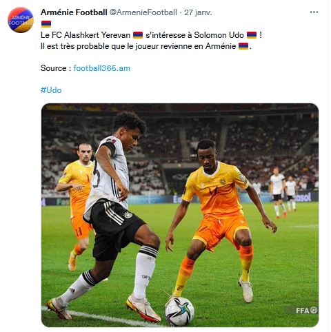 Le FC Alashkert Yerevan s&rsquo;intéresse à Solomon Udo