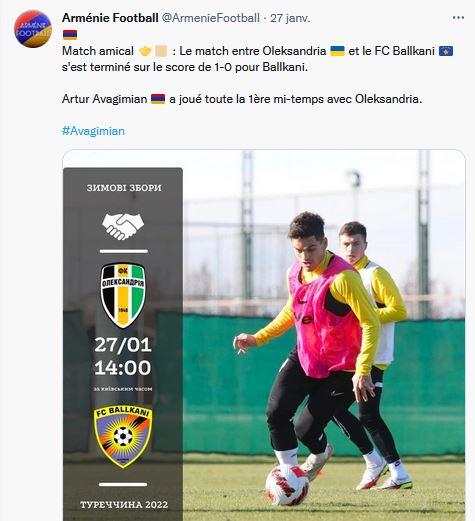 Artur Avagimian a joué toute la 1ère mi-temps avec Oleksandria