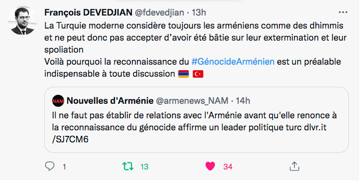 F Devedjian : la reconnaissance du génocide est un préalable à toute discussion