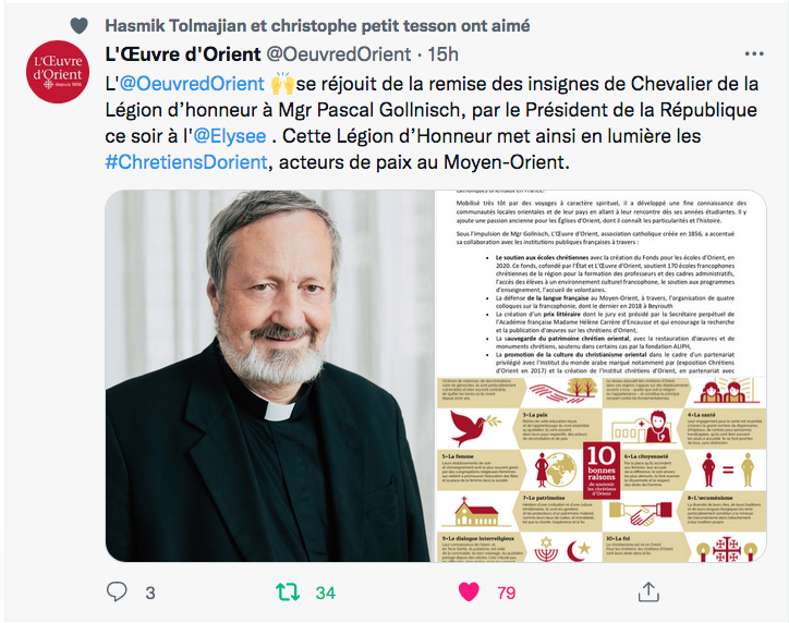 L&rsquo;Œuvre d&rsquo;Orient : la légion d&rsquo;honneur à Mgr Pascal Gollnisch