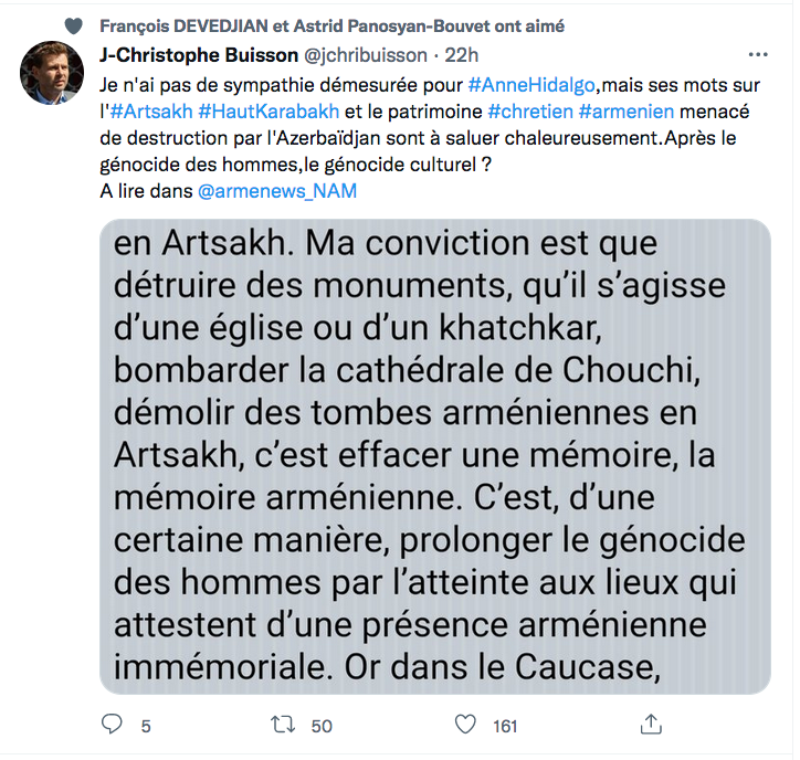 JC Buisson : les mots d&rsquo;A.Hidalgo sur l&rsquo;Artsakh à saluer