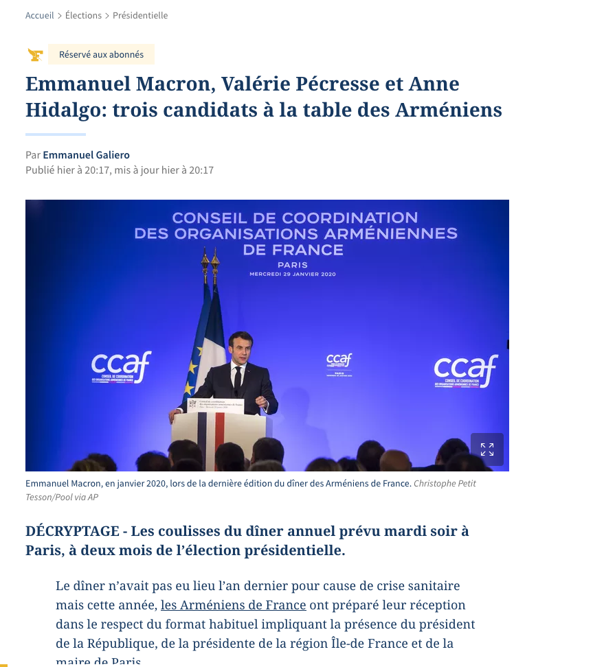 Emmanuel Macron, Valérie Pécresse et Anne Hidalgo: trois candidats à la table des Arméniens