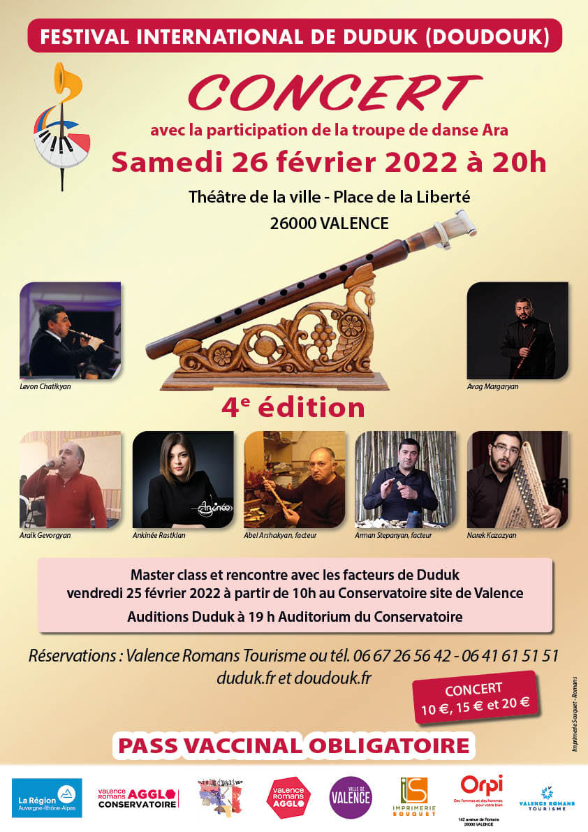 Le 4e Festival international du duduk (doudouk) se déroulera samedi 26 février 2022 au Théâtre de la Ville à Valence (Drôme)
