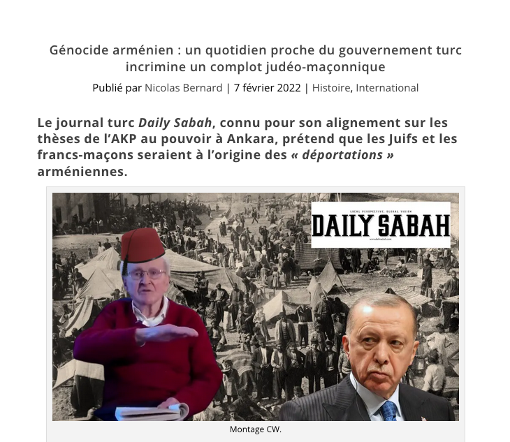 Génocide arménien : un quotidien proche du gouvernement turc incrimine un complot judéo-maçonnique